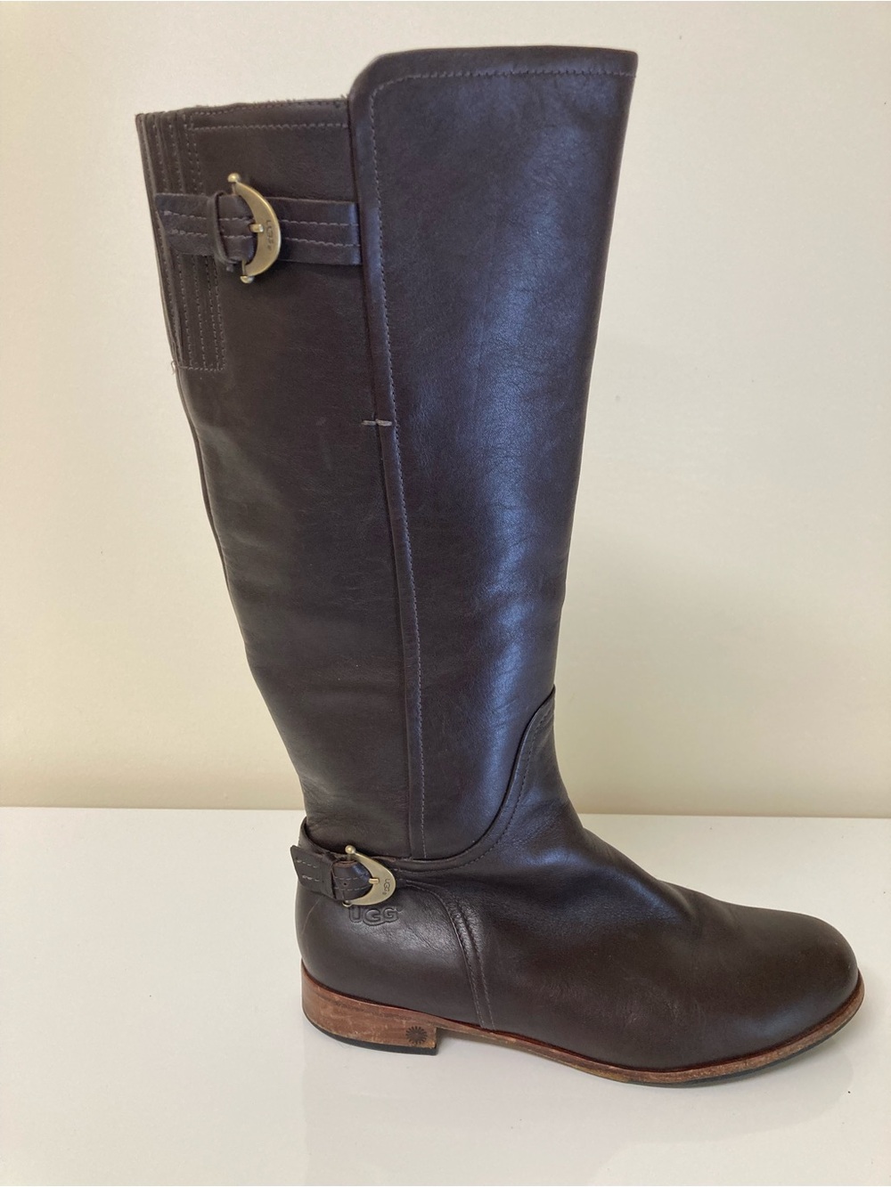 UGG Australia Amberlee Dark Brown Leather Riding Boots with Brass Buckles